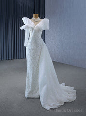 White Mermaid High Neck Long Sleeve Pearls Wedding Dress