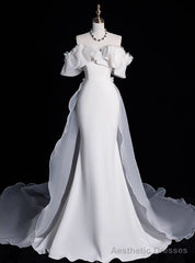 White Mermaid Satin Flower Off the Shoulder Wedding Dress