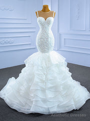 White Mermaid Tulle Appliques Wedding Dress