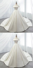 White Off Shoulder Satin Long Evening Prom Dresses, White Evening Dresses, White Wedding Dresses, White Formal Dresses