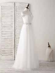 White Off Shoulder Tulle Beads Long Prom Dress White Evening Dress