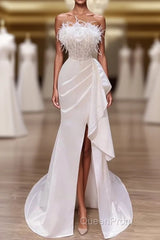 White Evening Prom Dresses, Vintage Mermaid Long Slit White Wedding Dresses
