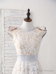 White Round Neck Lace High Low Prom Dress White Bridesmaid Dress