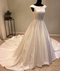 White round neck satin long Evening Prom gown, evening Dresses