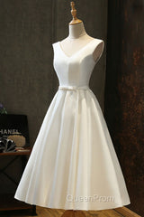 White Round Neck Satin Short Evening Prom Dresses White Homecoming Dresses