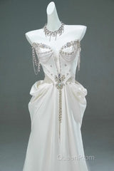 White Satin A-Line Sweetheart Beaded Long Evening Prom Dresses, Elegant Adult Ceremony Graduation Evening Prom Dresses