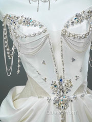 White Satin A-Line Sweetheart Beaded Long Evening Prom Dresses, Elegant Adult Ceremony Graduation Evening Prom Dresses