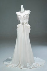 White Satin A-Line Sweetheart Beaded Long Evening Prom Dresses, Elegant Adult Ceremony Graduation Evening Prom Dresses