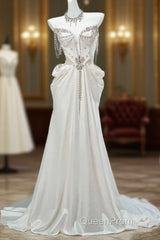 White Satin A-Line Sweetheart Beaded Long Evening Prom Dresses, Elegant Adult Ceremony Graduation Evening Prom Dresses