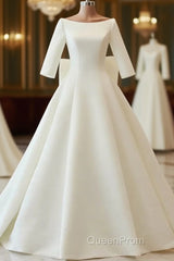White Satin Backless 3/4 Sleeve Wedding Dresses Party Evening Prom Dresses