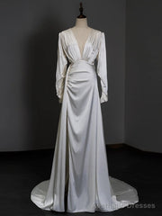 White Satin Long Sleeve Pleats Wedding Dress