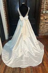 White Satin Plunging Neck Bow-Back A-Line Long Wedding Dresses V-Neck