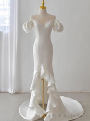 White Satin Sheath Puff Sleeve Beading Wedding Dress