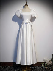 White Satin Square Puff Sleeve Bow Prom Dress