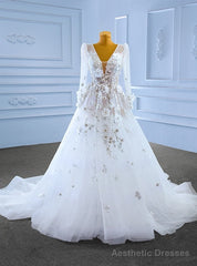 White See Through Tulle V-neck Long Sleeve Appliques Wedding Dress