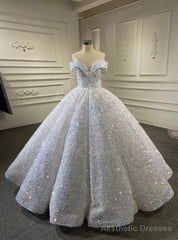 White Sequins Ball Gown Off the Shoulder Prom Dress