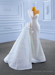 White Sequins Mermaid Pearls Appliques Wedding Dress