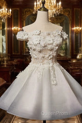 White Short Flowers Lace Short Party Dresses, White Graduation Dresses Evening Prom Dresses