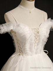 White Short Prom Dresses, Off Shoulder White Puffy Homecoming Dresses