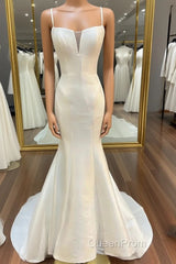 White Split Neck Trumpet Long Wedding Dresses
