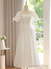 White Square Short Sleeve Bow Wedding Dress