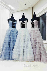 White Strapless Swiss Dot Layered Long Evening Prom Dresses