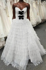 White Strapless Swiss Dot Layered Long Evening Prom Dresses