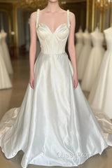 White Sweetheart Bow-Strap A-Line Long Modest Wedding Dresses