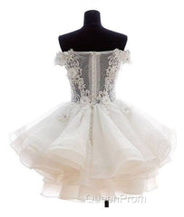 White Sweetheart Lace Applique Short Evening Prom Dresses, Cute White Homecoming Dresses
