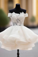 White Sweetheart Lace Applique Short Evening Prom Dresses, Cute White Homecoming Dresses