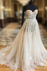 White Sweetheart Lace Applique Tulle Wedding Dresses, Lace Wedding Gown, Lace Bridal Evening Prom Dresses