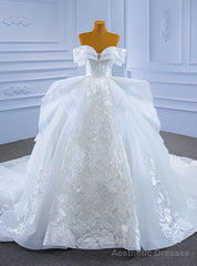 White Tulle Embroidery Appliques Off the Shoulder Wedding Dress