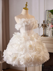 White Tulle Flower Ball Gown Short Evening Prom Dresses, Cute Sweet 16 Dresses