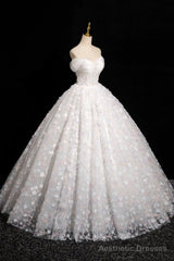 White Tulle Flowers Floor Length Prom Dresses, Beautiful A-Line Backless Sweet 16 Formal Dresses