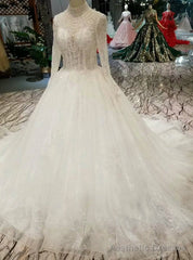White Tulle High Neck Long Sleeve Backless Wedding Dress With Beading