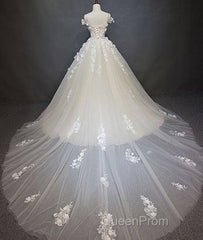 White Tulle Lace Applique Long Evening Prom Dresses, White Lace Wedding Dresses
