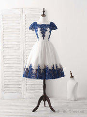 White Tulle Lace Applique Short Prom Dress, Tulle Homecoming Dress