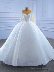 White Tulle Lace Long Sleeve Beading Wedding Dress