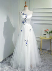 White Tulle Long A-line Prom Dress, White Graduation Dress