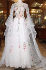 White Tulle Long Sleeves A-Line Wedding Party Dresses, White Tulle Evening Prom Dresses