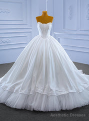 White Tulle Satin Strapless Pearls Wedding Dress