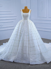 White Tulle Sequins Beading Heavy Work Wedding Dress