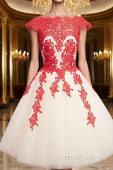 White Tulle Short Red Lace Evening Prom Dresses, Short Red Lace Homecoming Dresses