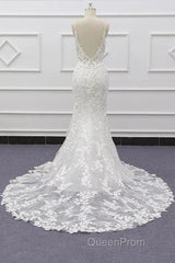 White Tulle Wedding Dresses Lace Appliques Spaghetti Straps Mermaid Bridal Dresses Open Back