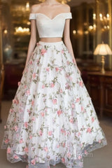 White Two Pieces Tulle Long Evening Prom Dresses, Tulle Evening Dresses 0021