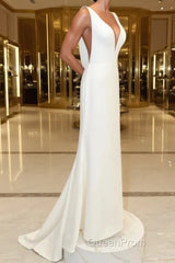 White v neck long Evening Prom Dresses, white evening Dresses