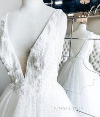 White V Neck Tulle Lace Long Evening Prom Gown Wedding Dresses