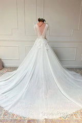 White V Neck Tulle Lace Long Wedding Dresses
