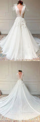 White V Neck Tulle Lace Long Wedding Dresses