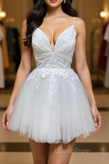 White v neck tulle lace short Evening Prom Dresses, white homecoming Dresses